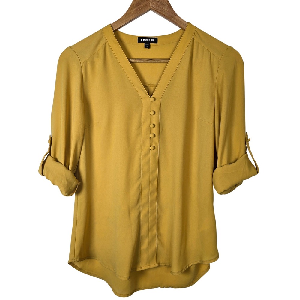 Express Women's Mustard‎ Yellow V Neck Button Front Roll Tab Sleeve Blouse XS